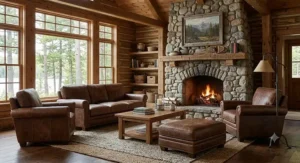 Rustic distressed leather living room set arranged around a stone fireplace in a cozy cabin style home.