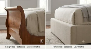 Close-up comparison of a rolled footboard on a sleigh bed frame and a low-profile footboard on a panel bed frame.