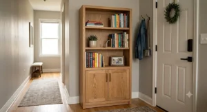 Small wood bookcase with solid doors at the bottom, optimized for storage in a compact apartment hallway.