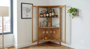 A space-saving corner bar cabinet in a modern apartment, designed to fit snugly with liquor bottles and cocktail accessories.