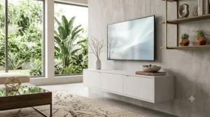 Compact wall-mounted floating media console saving floor space in a small apartment living room.
