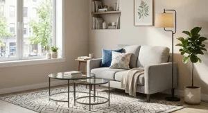 Small space living room furniture set highlighting a compact fabric loveseat and a glass-top nesting coffee table.