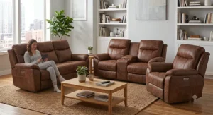 Neutral beige space-saving wall-hugger reclining living room set positioned near an apartment living room wall.