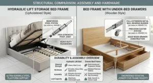 Structural diagram demonstrating frame assembly, steel hardware, and durability comparison between storage bed styles.