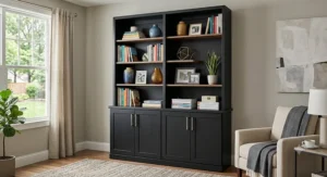 Tall matte black bookcase with doors on the lower half and open upper shelves for displaying home decor.