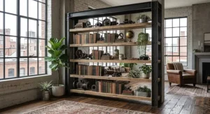 Tall industrial bookshelf with a matte black metal frame and light oak shelves.