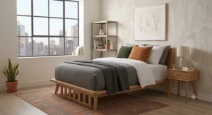 Twin XL platform bed frame with wooden slats set up in a compact studio or guest room