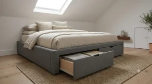 Gray fabric upholstered storage bed frame with built-in drawers in a headboard-free small room.