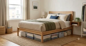 Wooden platform bed frame featuring under-bed storage containers for compact living spaces