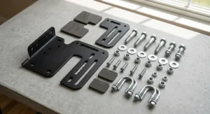 Complete headboard attachment adapter kit with bolts and brackets for adjustable bed frames.