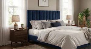 Navy blue velvet queen headboard with adjustable height posts styled in a contemporary bedroom.