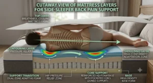 Cutaway view of memory foam mattress layers designed to support back pain relief for side sleeping
