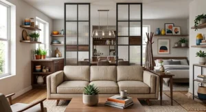 Industrial black metal frame headboard standing behind a sofa to separate a formal dining space from an open living area.