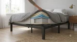 Queen-size black metal platform bed frame supporting a heavy mattress in a master bedroom.