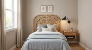 Boho style woven rattan wall mounted headboard paired with a twin bed in a small guest bedroom