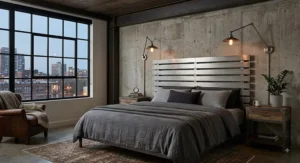 Brushed steel metal slat headboard in an industrial bedroom style master suite with concrete accent walls.