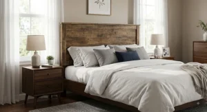 Rustic barnwood-style queen size headboard placed in a cozy farmhouse bedroom setting.
