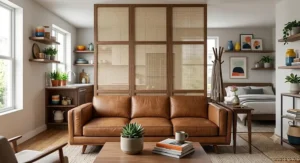 Boho style woven cane headboard paired with a modern sofa and console table to section off a dedicated entryway space.