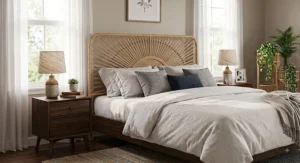 Boho chic natural woven rattan queen headboard for a budget-friendly guest room upgrade.