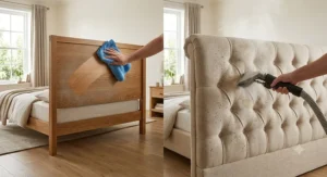 Illustration showing a damp cloth wiping a wooden headboard clean compared to deep steam cleaning a fabric upholstered headboard.
