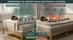 Comparison graphic illustrating how a responsive innerspring mattress supports stomach sleepers better than sinking memory foam.