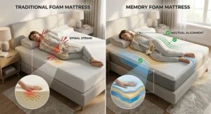 Comparison graphic of spinal strain on standard foam versus alignment on a memory foam mattress for side sleepers