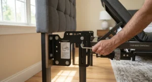 Illustration showing compatibility between a standard headboard and a flex-head adjustable bed frame.