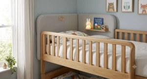 Corner padded headboard installation for bunk bed safety in a shared kids room