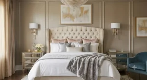 Elegant curved wingback tufted headboard in cream upholstery anchoring a high-end glam bedroom suite