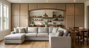 Custom floor to ceiling padded fabric headboard used as an architectural room divider behind a large sectional sofa.