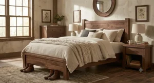 Dark walnut wood bed frame paired with neutral linen bedding for rustic bedroom decor.