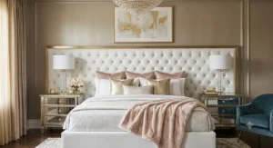 White leather diamond tufted headboard with crystal buttons creating a sophisticated glam bedroom look