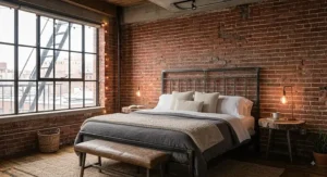 Distressed black metal headboard integrated into a platform bed frame in an industrial style apartment bedroom.