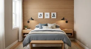 Contemporary horizontal wood slat wall mounted headboard extending across an accent wall in a small urban bedroom