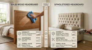 Pros and cons chart evaluating wood headboard vs upholstered headboard for durability, maintenance, and overall value.