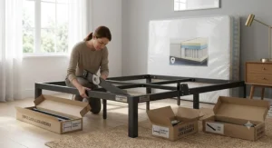 Illustration showing easy tool-free assembly of a metal bed frame for heavy mattresses.