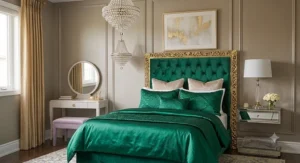 Rich emerald green tufted headboard layered with satin bedding for bold glam bedroom decor styling