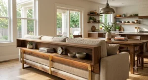 Functional headboard divider featuring built in floating storage shelves positioned directly behind a linen sofa.