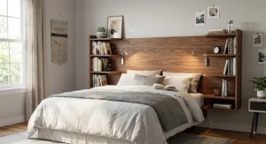 Floating wall mounted wooden headboard with built-in storage shelves featuring integrated LED reading lights.