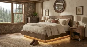 Floating wood bed frame with soft under-bed lighting in a rustic bedroom decor environment.