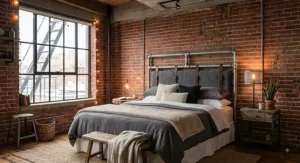 Galvanized steel pipe metal headboard with dark leather strap accents in an urban industrial loft bedroom.