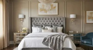 Modern glam bedroom decor with a plush grey tufted headboard, faux fur throw, and silver accents