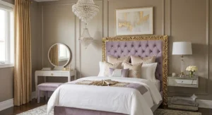 Statement tufted headboard with a polished gold frame setting a luxurious glam tone in a master bedroom