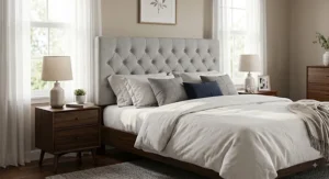 Button-tufted light grey upholstered queen headboard under $150 styled with white linens.