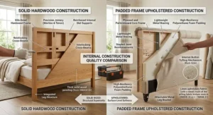 Diagram comparing internal frame construction of a solid wood headboard with a foam-padded upholstered bed frame.