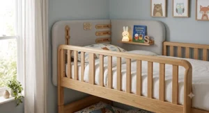 Height adjustable headboard securely installed behind a kids twin mattress for safety