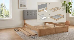 Step-by-step assembly diagram demonstrating how to set up a no-boxspring bed frame for platform mattresses.