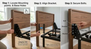 Step-by-step diagram showing how to attach a wooden headboard to an adjustable bed base.
