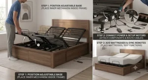 Step-by-step guide illustrating how to install an electric adjustable mattress base into a bed frame.