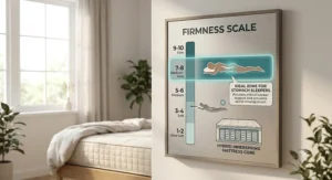 Firmness scale chart highlighting the ideal medium-firm to firm feel for an innerspring mattress for stomach sleepers.